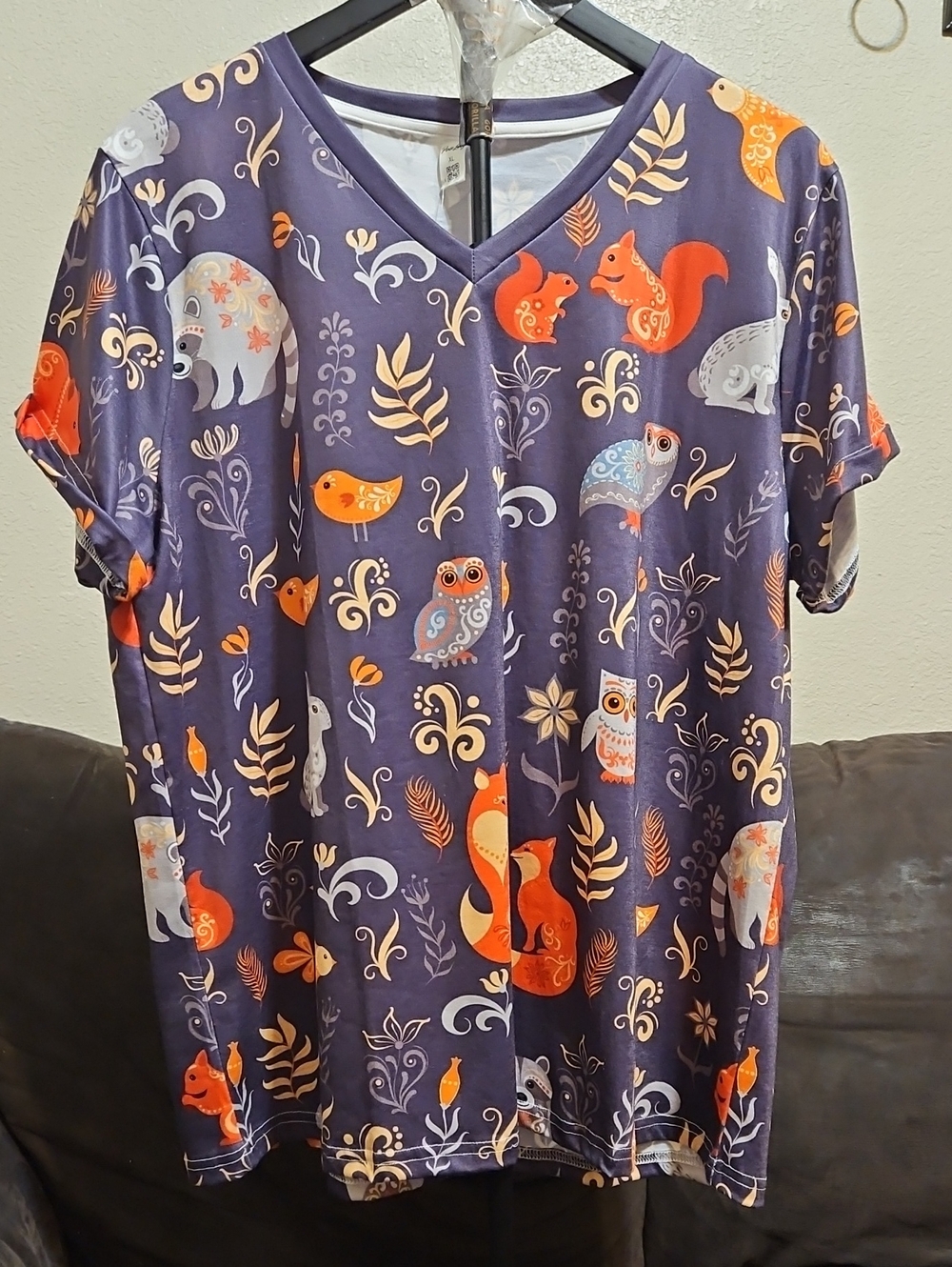 V-Neck Short Sleeve Tee in Purple with Orange & Cream Woodland Print